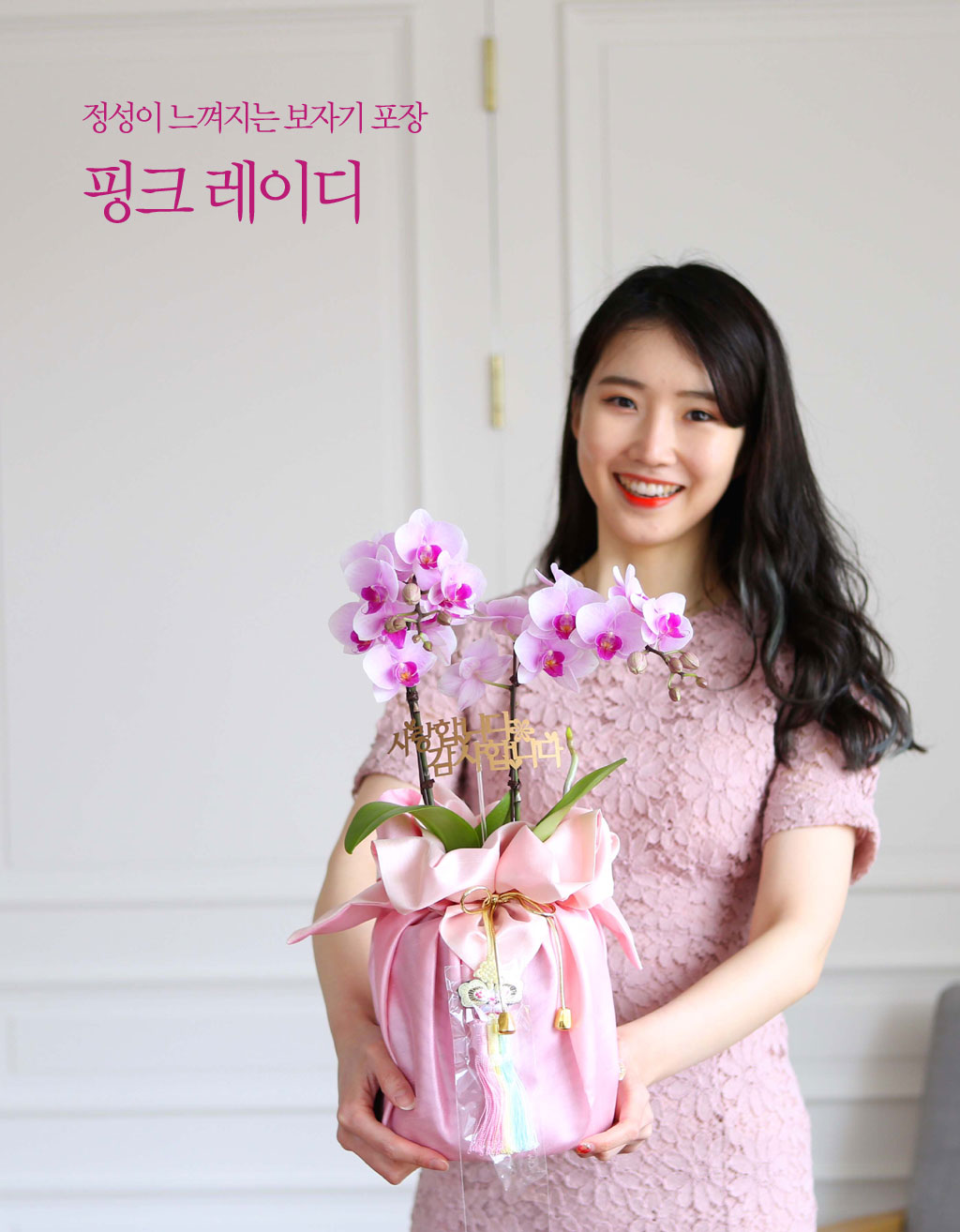 화려하고 기품 있는 서양란,
승진, 영전 등 축하의 마음을 서양란으로 전달하세요.
고급스러운 전통 문양의 핑크색 보자기로 공경과 감사, 축하의 마음을 담았습니다.