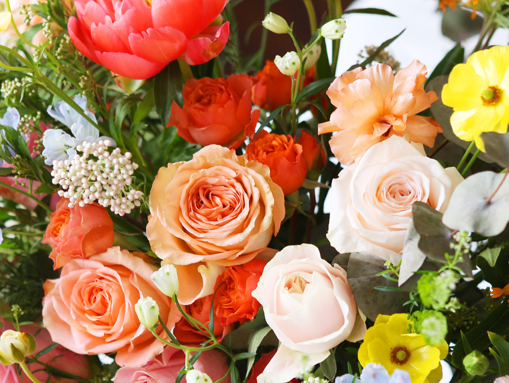 <div style="font-size:13px; color:#5A5A5A; text-align:center; font-style:oblique;">작약의 곁에는 오렌지빛의 고급장미를 배치하였습니다.<br>오렌지빛깔의 컬러는 사람들에게 에너지를 불어넣어주고, 행복감을 느낄 수 있게 해준다고 해요.</br></div>
<div style="font-size:13px; color:#5A5A5A; text-align:center; font-style:oblique;">작약과 색상은 비슷하지만, 그 질감이 작약과는 대비되고<br>장미꽃마다 색의 농도를 다르게 배치하여<br>심미적 아름다움을 극대화 하였습니다.</br></div>